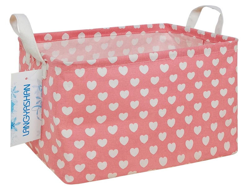LANGYASHAN Rectangular Storage Bin Collapse Canvas Fabric Cartoon Storage Basket with Handles for Organizing Home Kitchen Boys and Girls Toys Office Closet Shelf Baskets (Rec pink heart) - Image 1